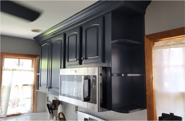 Microwave wall cabinets refinished in deep navy